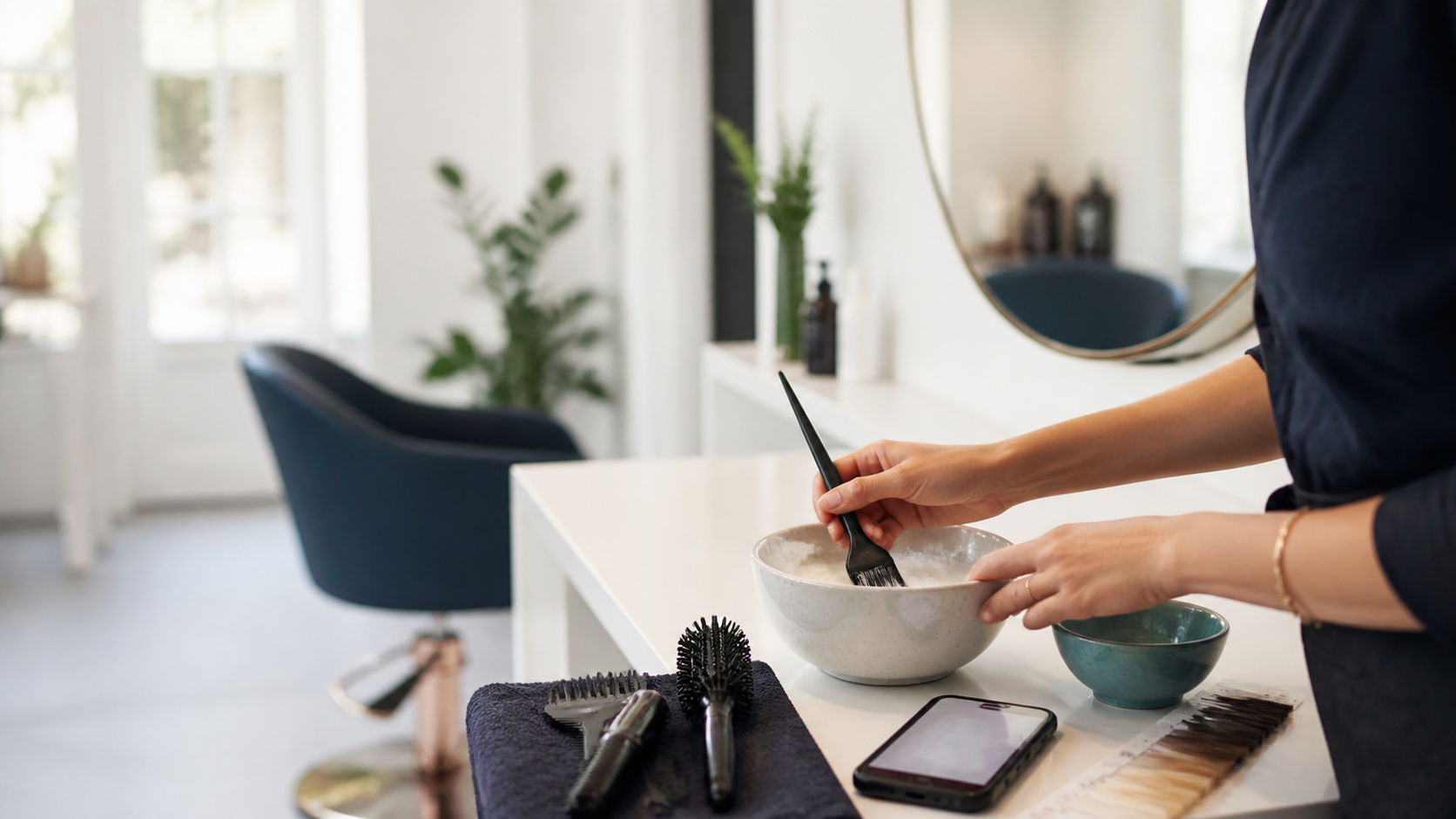 Hairdresser preparing colour at a salon workstation