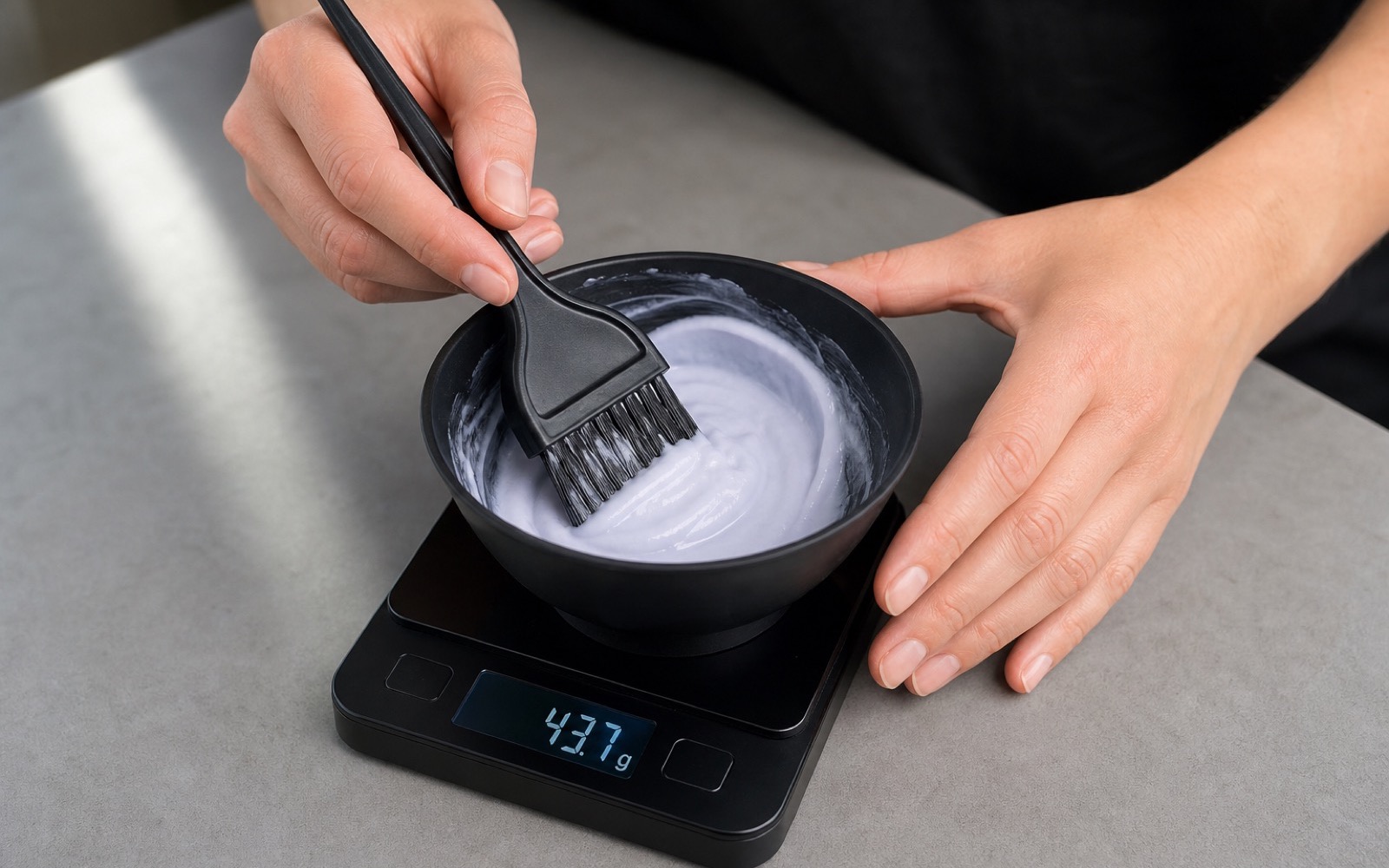 Hands mixing hair toner in a bowl sitting on a Bluetooth digital scale showing the exact gram weight